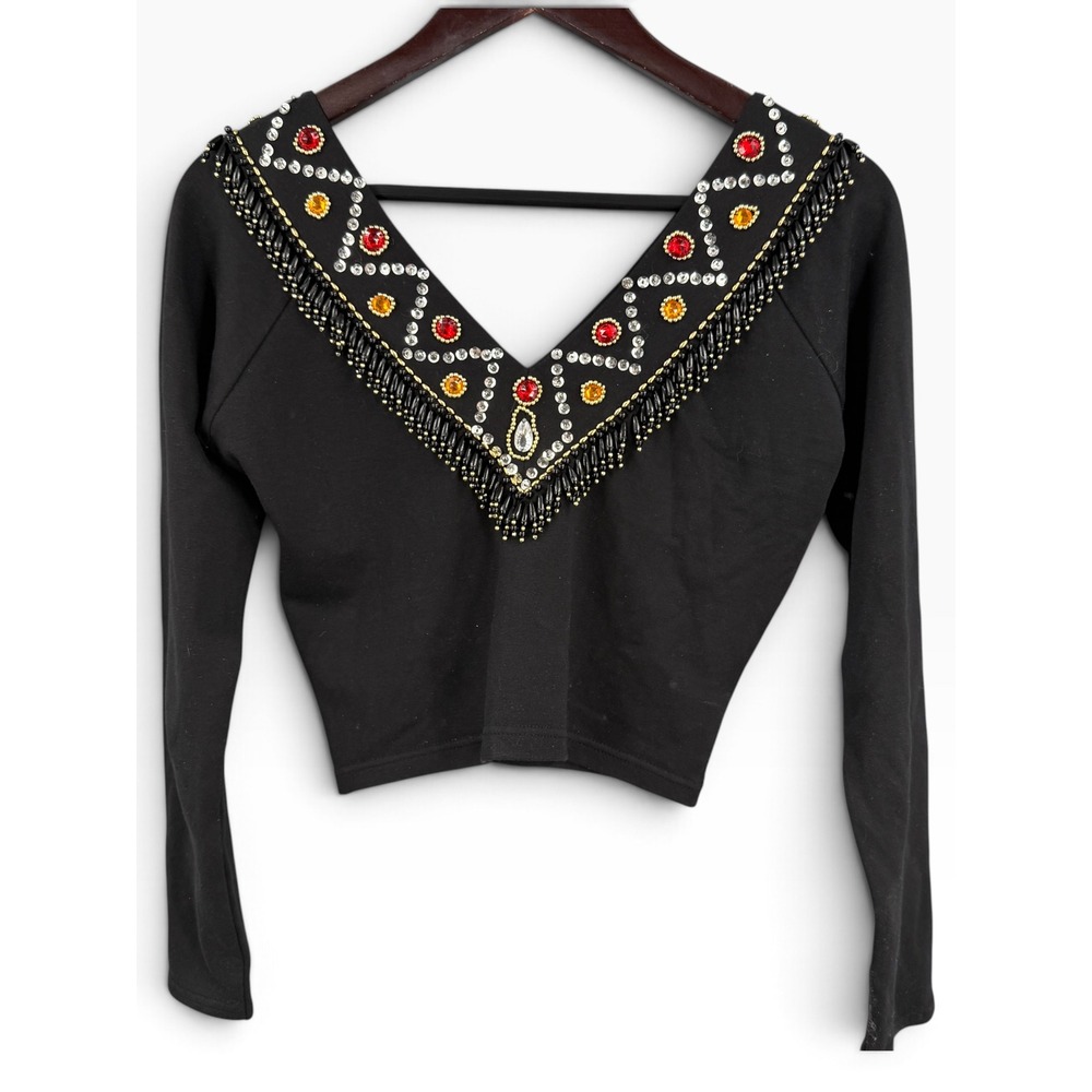Vintage Contempo Casuals Black Beaded Sequin Cropped Top Size Large 80s 90s